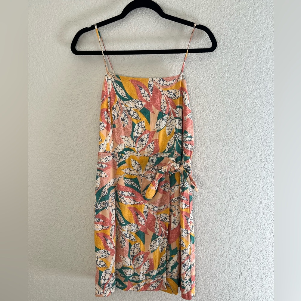 Nine West Tropical Crackle Leaf Mini Wrap Dress -Yellow, Coral, Teal, Cream
